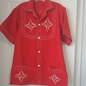 Red Embroidered Button-Front Tunic